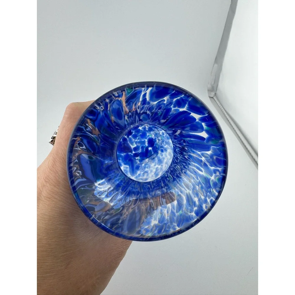 Blue Art Glass Vase Swirl‎ Design Round Home Decor Unique Small Vase